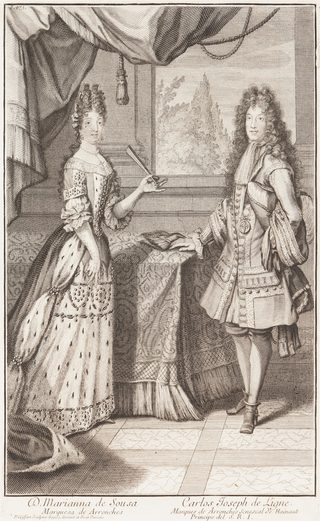 Gravura de 1694 com D. Mariana de Sousa, Marquesa de Arronches, e D. Carlos José de Ligne, de pé, lado a lado