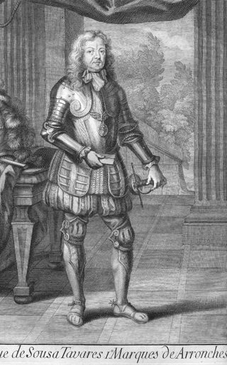 Gravura de D. Henrique de Sousa Tavares, 1.º Marquês de Arronches, de pé, em armadura